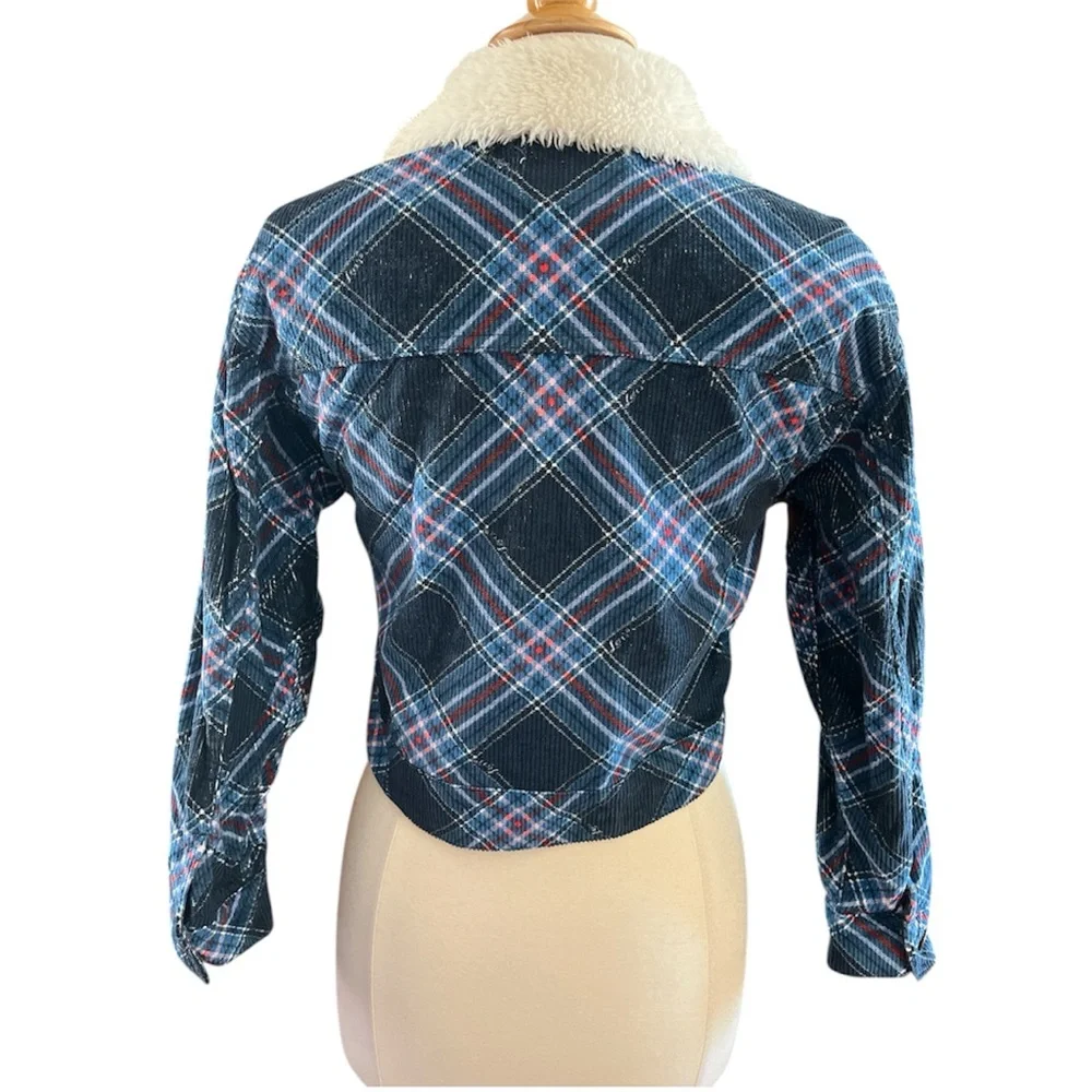 Levi Strauss Co Blue Red Plaid Lightweight Corduroy Jacket Sherpa collar 12yrs.